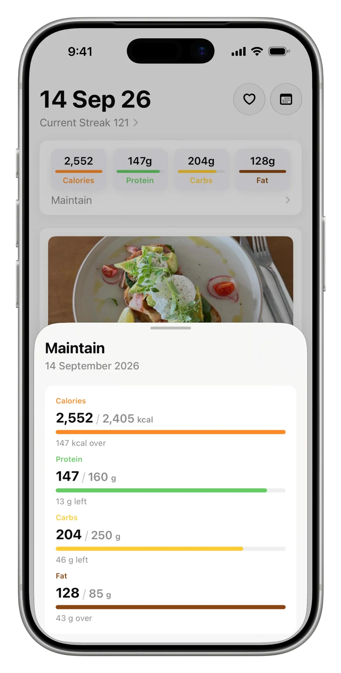Daily calorie and macronutrient progress compared with a Maintain goal.