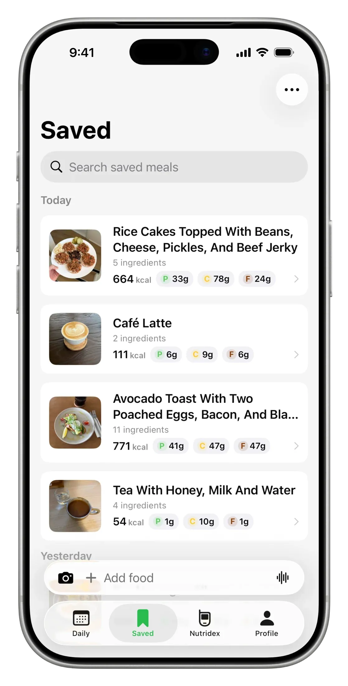 Nutrify Saved showing a searchable list of meals, including rice cakes, a caffè latte, avocado toast and tea.