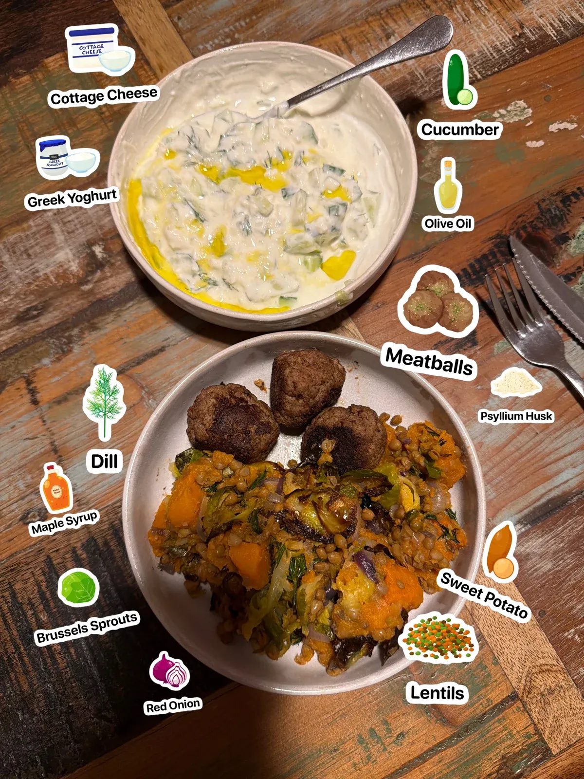 Meatballs, lentils and a yoghurt dish labelled with Nutrify ingredient stickers.