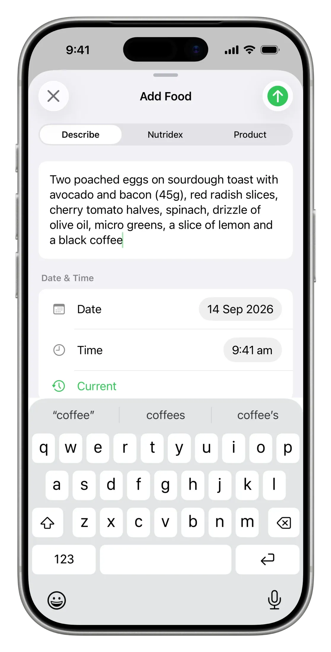 A breakfast description typed into Nutrify.
