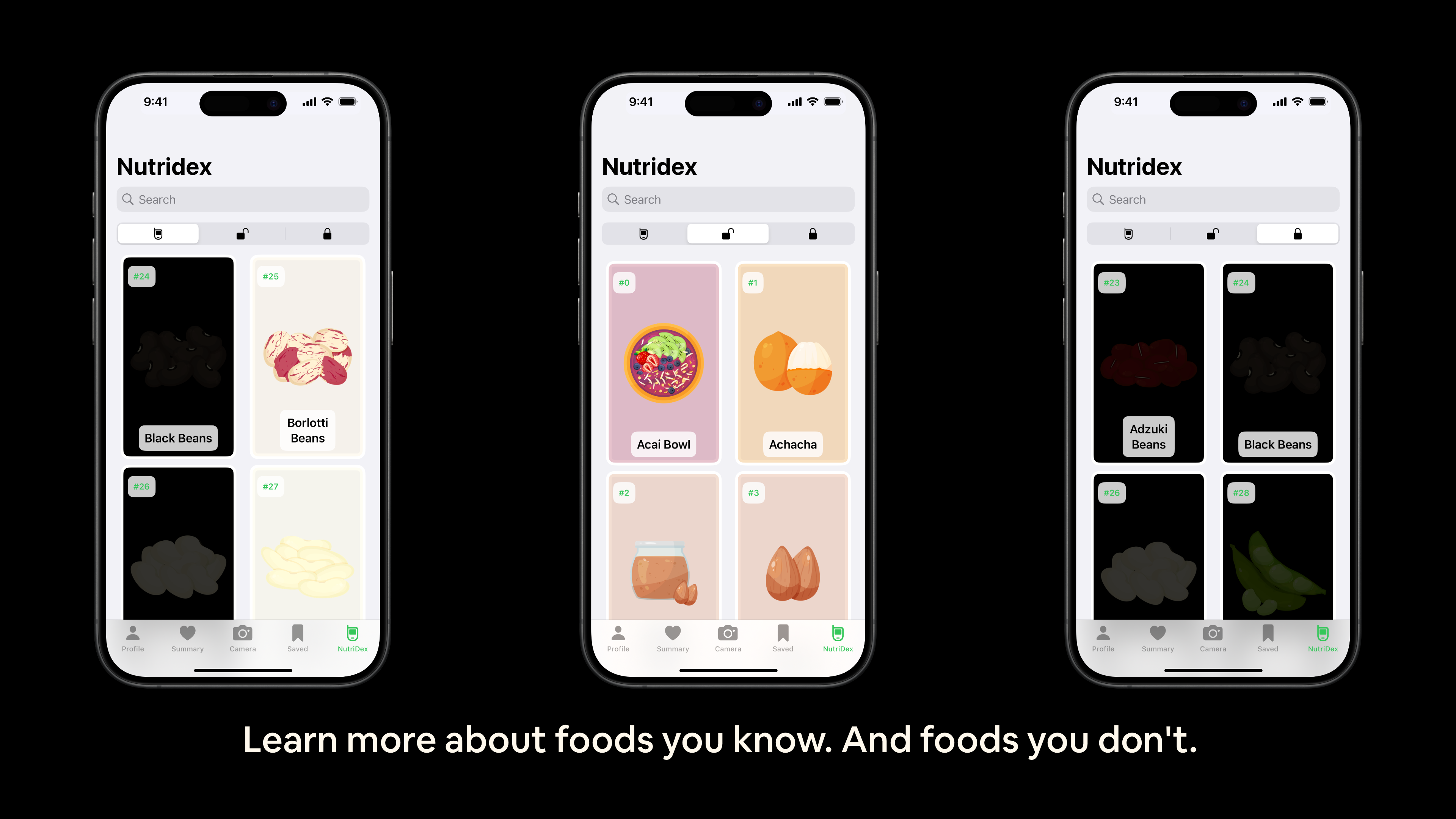 Nutrify provides an incentive to try out new whole foods by marking each one off in the Nutridex the first time you take a photo of them