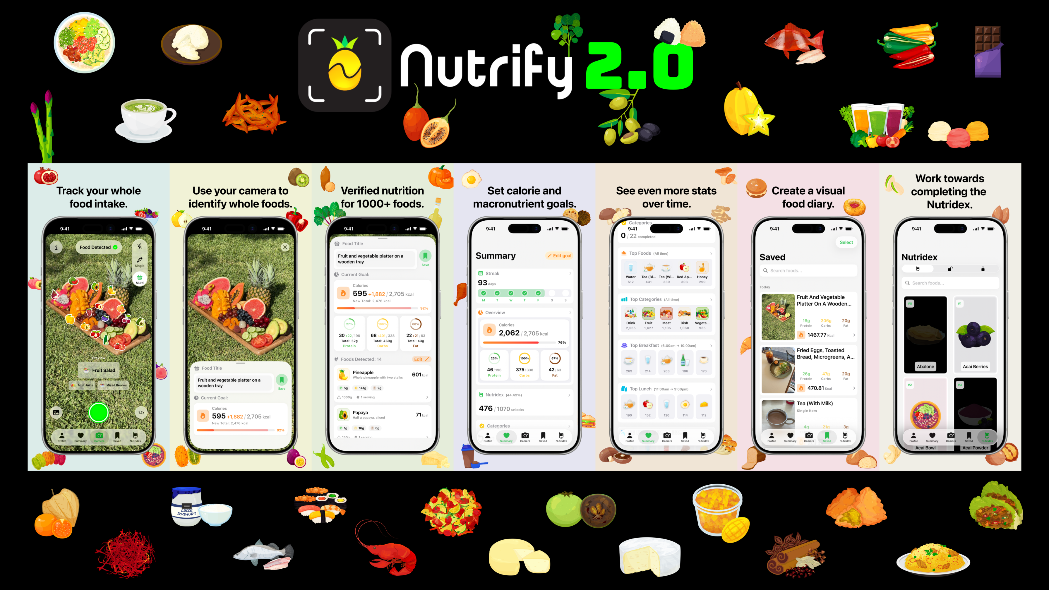 Nutrify 2.0 promotional banner on a black background featuring the Nutrify logo with a pineapple icon. Shows seven iPhone screens displaying app features: food tracking, camera identification, nutrition information for 1000+ foods, calorie and macronutrient goals, stats over time, visual food diary, and Nutridex collection. Surrounded by colorful food icons including coffee, croissant, lobster, saffron, brie cheese, and more.