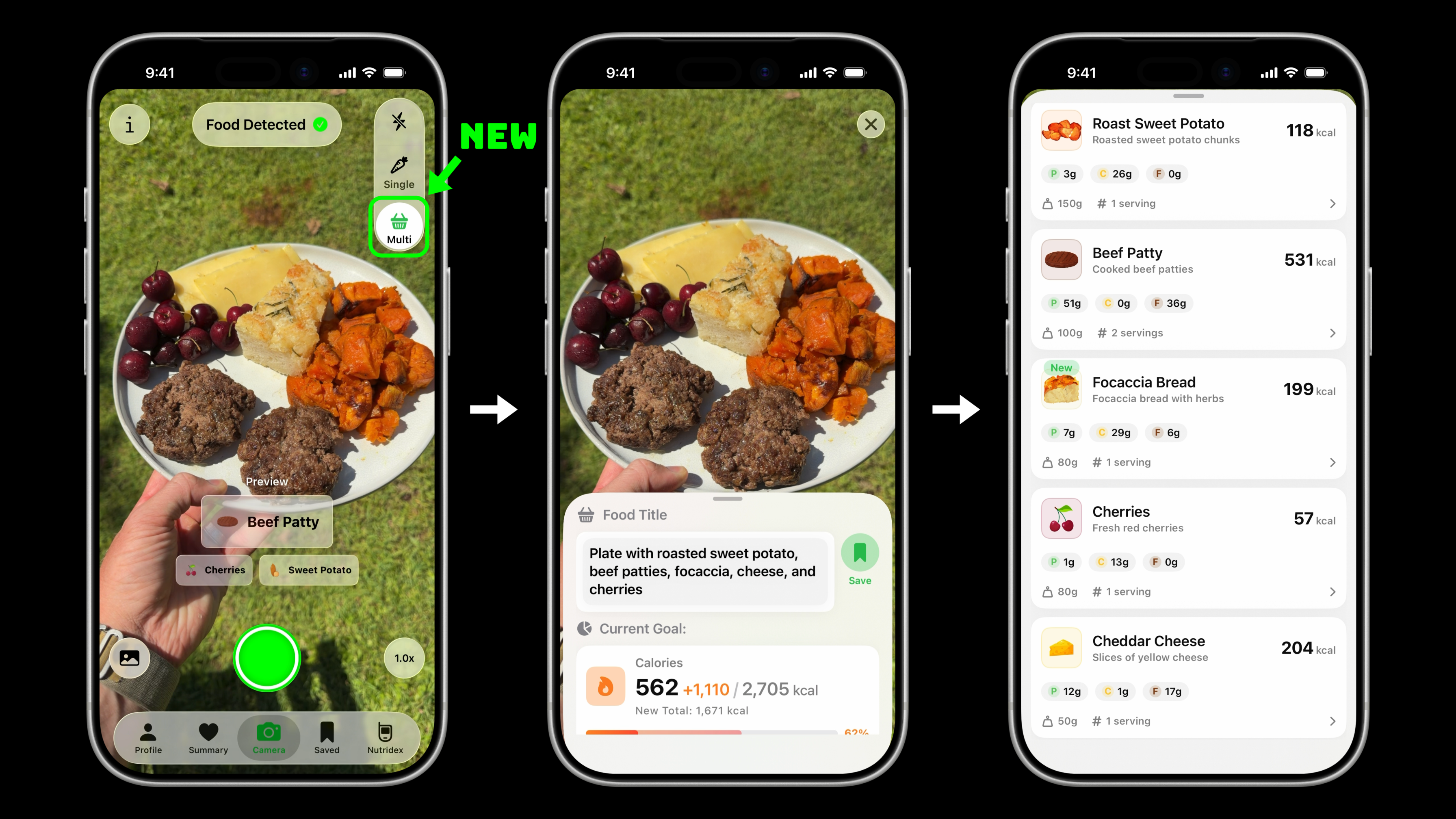 Three iPhone screens showing Multi-Food Mode workflow on a black background. Left screen shows the camera view detecting a plate with beef patty, cherries, and sweet potato, with a 'NEW' label pointing to the Multi mode toggle. Middle screen shows the food title popup describing the plate contents. Right screen displays a detailed breakdown of each detected food item with nutrition info: Roast Sweet Potato (118 kcal), Beef Patty (531 kcal), Focaccia Bread (199 kcal), Cherries (57 kcal), and Cheddar Cheese (204 kcal).