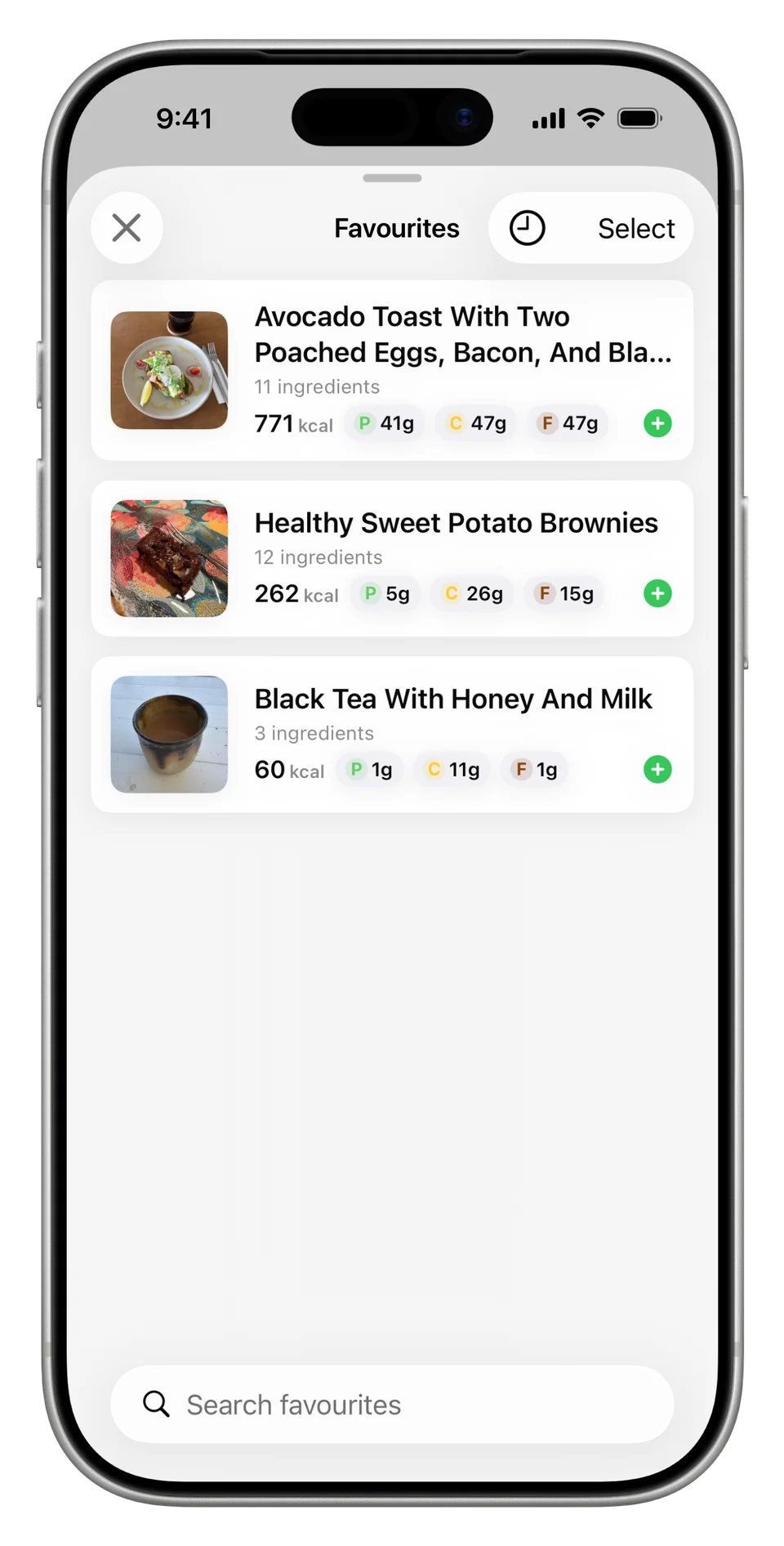 Saved favourites including avocado toast, brownies and black tea with honey and milk.