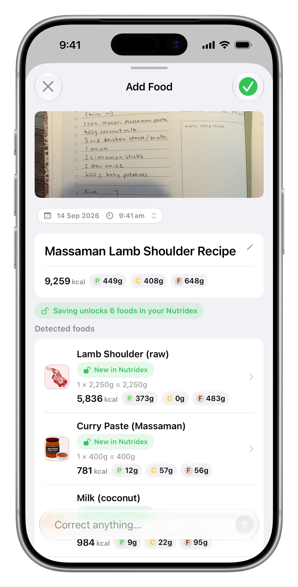 Nutrify identifies the Massaman lamb shoulder recipe and lists raw lamb shoulder, curry paste and coconut milk.
