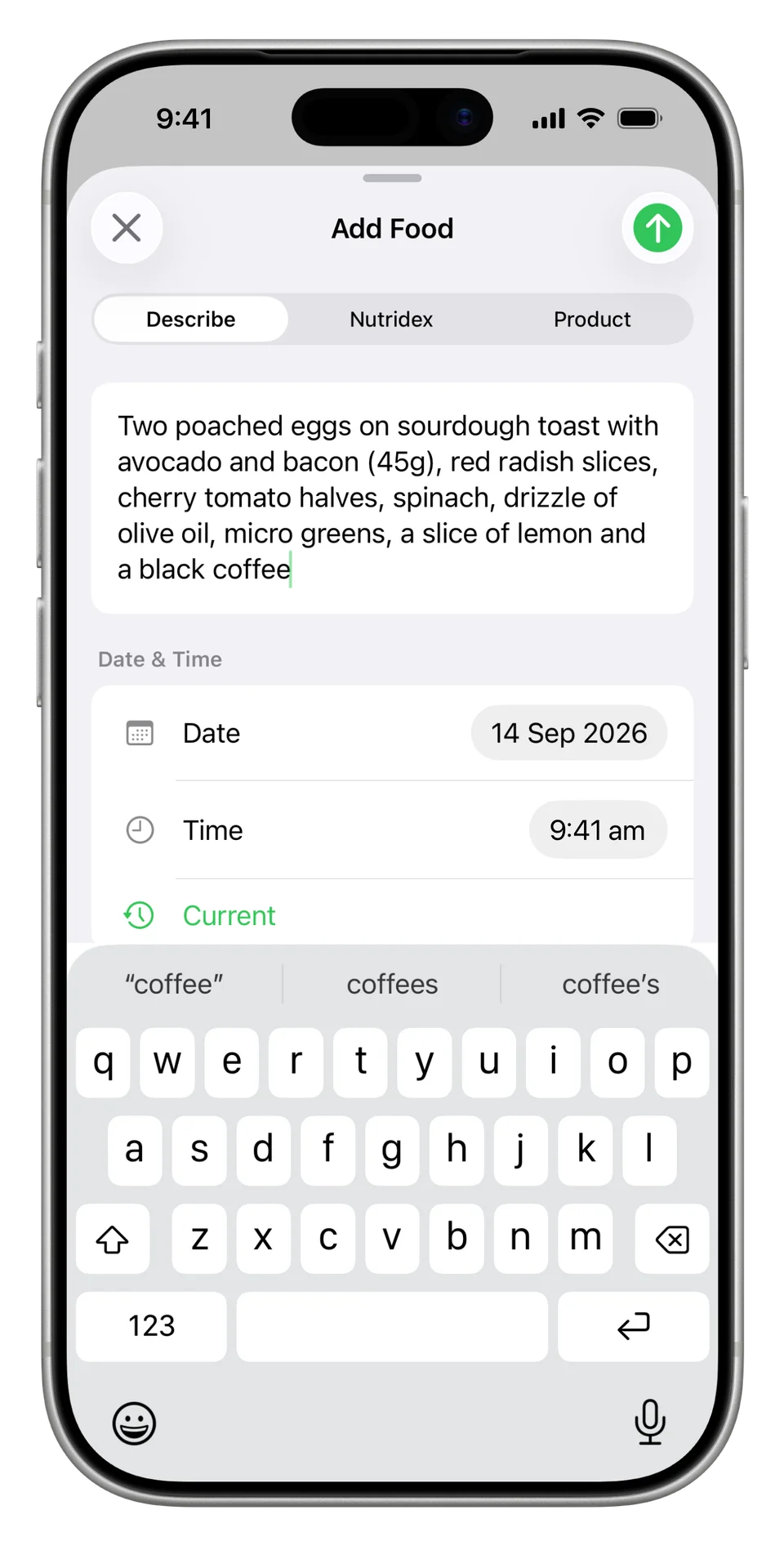 A breakfast description entered into Nutrify's text input.
