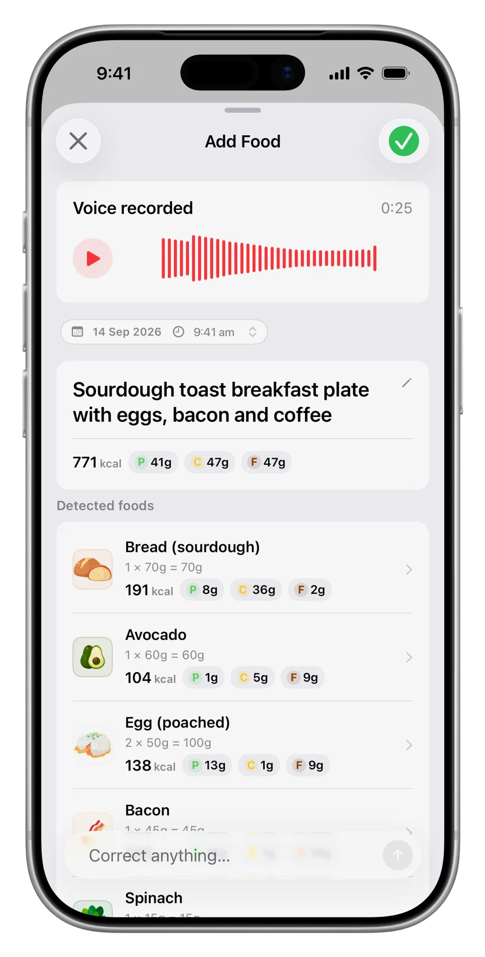 A recorded voice memo and the resulting breakfast nutrition breakdown.